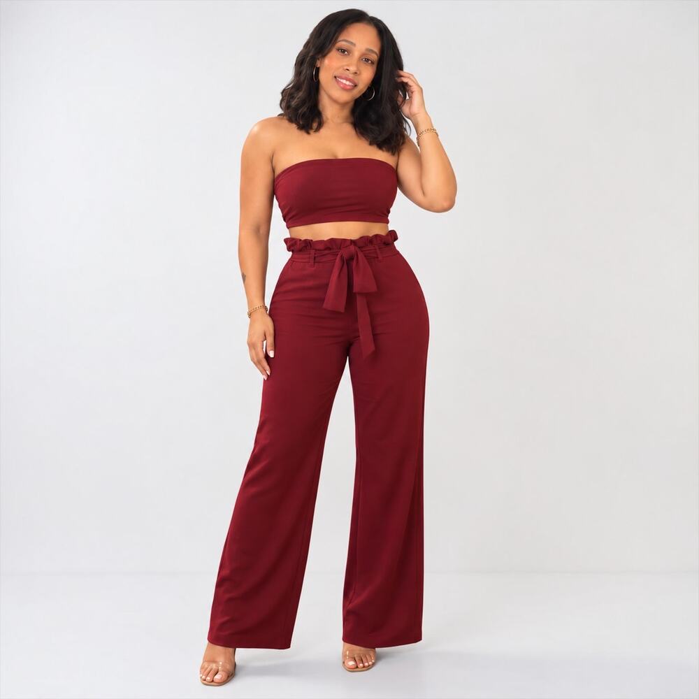 Burgundy Strapless Two-Piece Pant Set